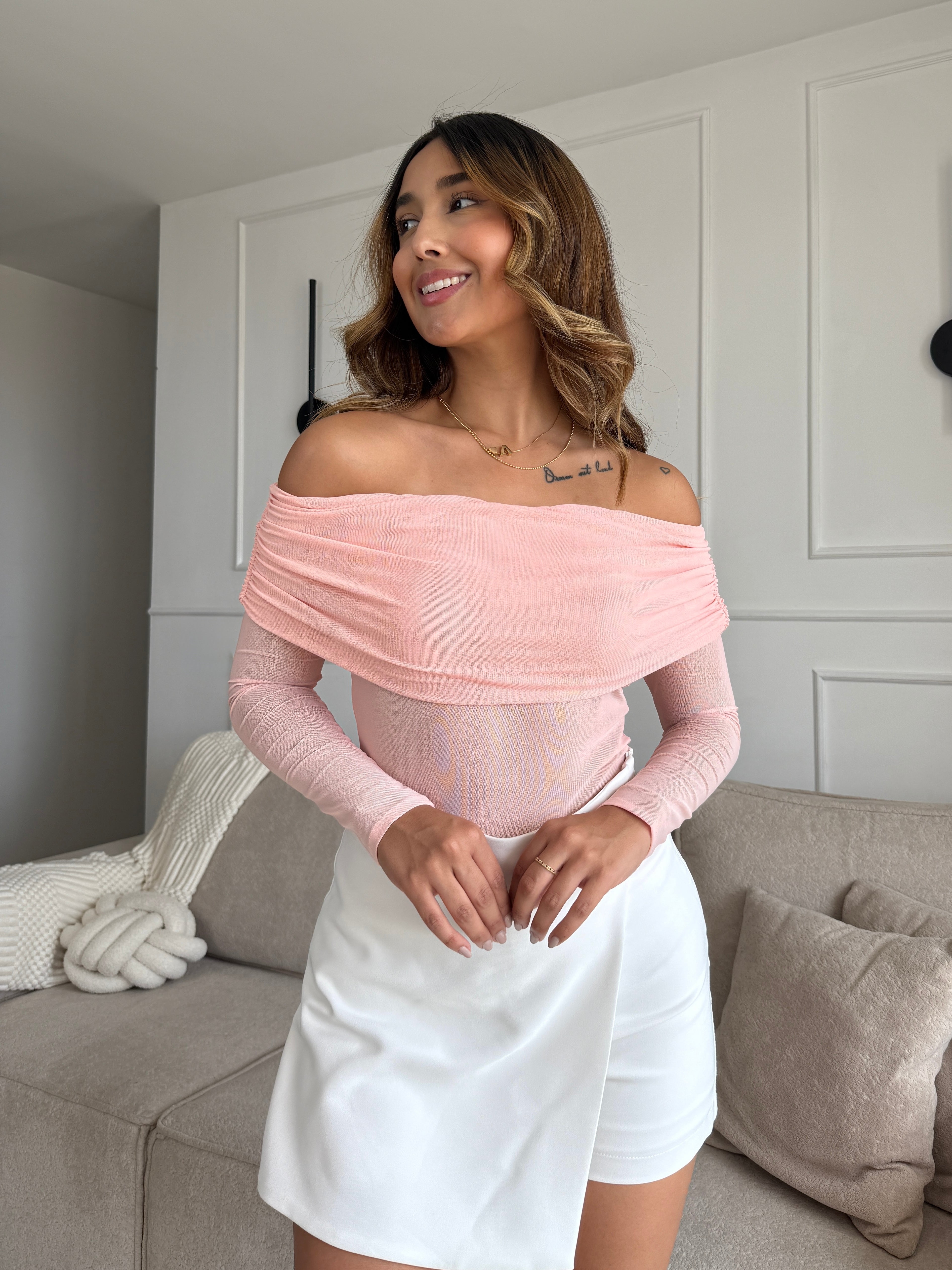 Camisa manga larga mesh en color rosado pastel