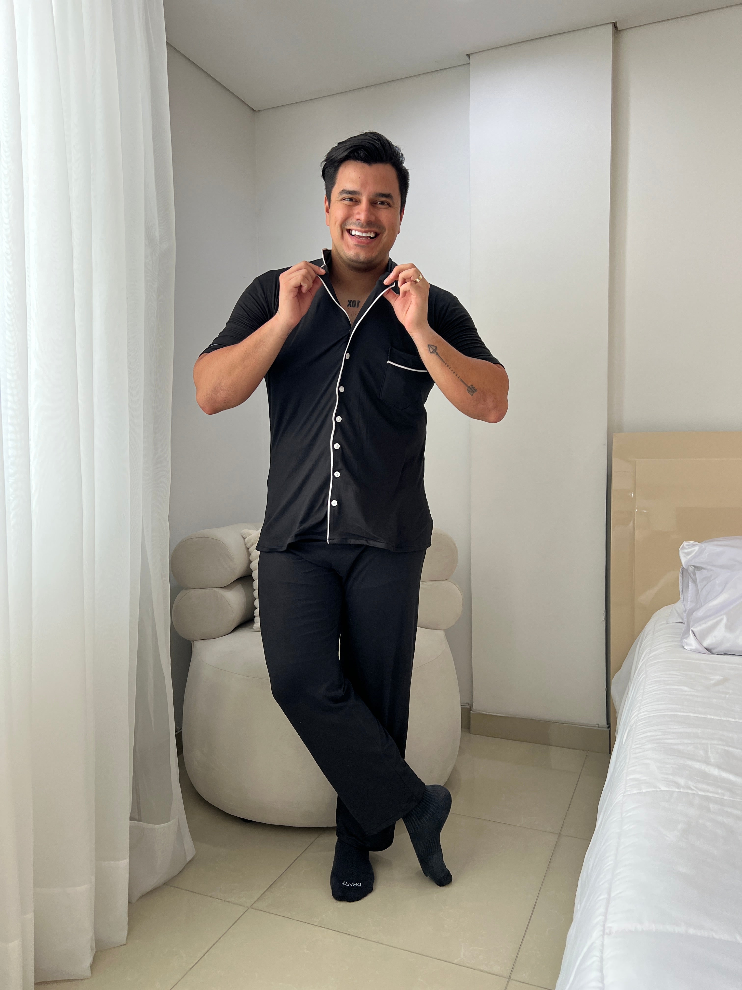 Pijama caballero manga corta y pantalon algodon super suave Negro